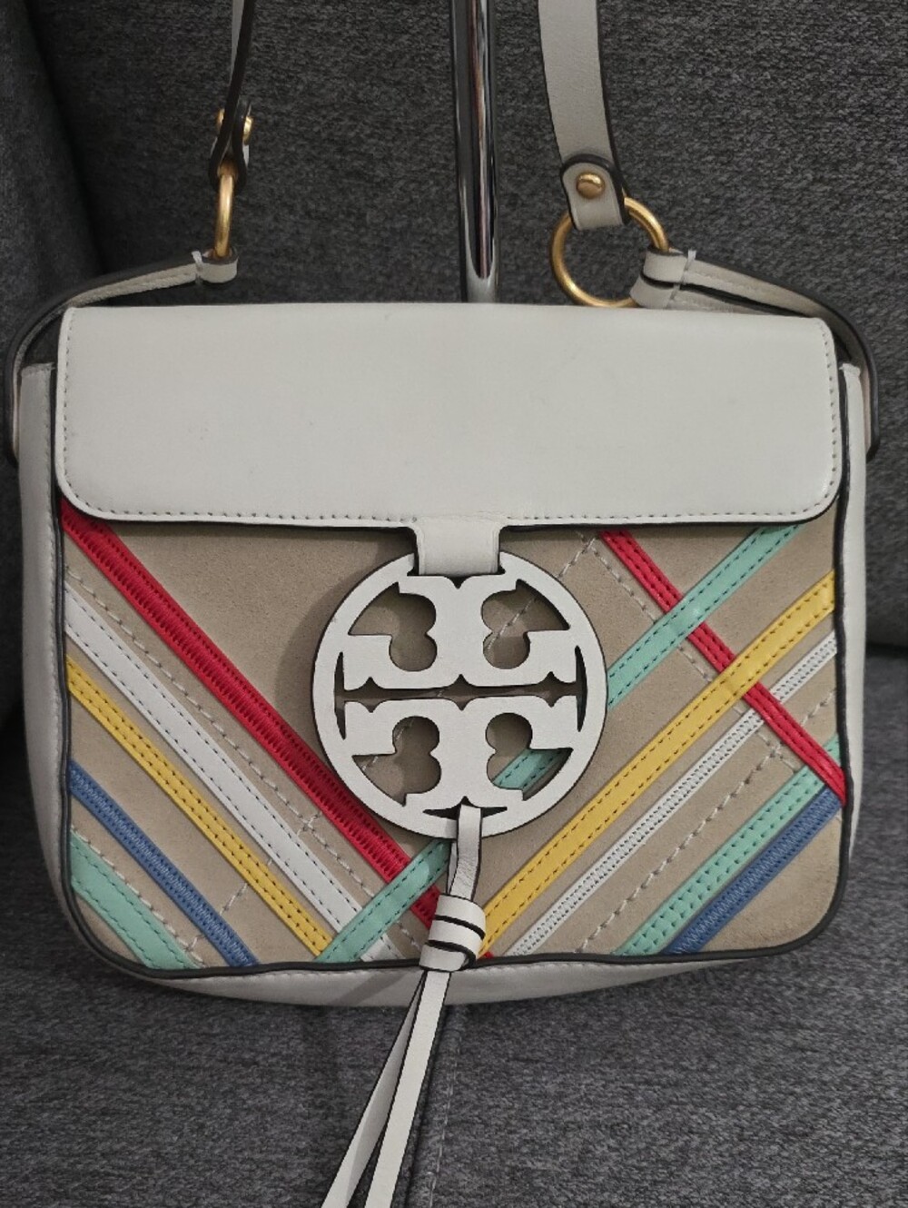 Tory Burch Cream Crossbody with Multicolor Diagonal Stripes - Picture 2 of 16